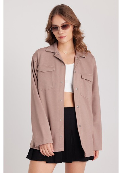 Kadın Relax Fit Rahat Kesim Çift Cepli Örme Vizon Apaş Yaka Gömlek fiyatları