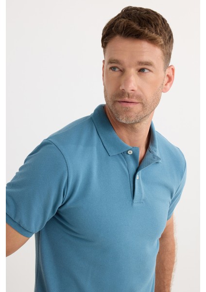 Erkek Slim Fit Dar Kesim Pamuklu Yumuşak Dokulu Serin Tutan Kumaş Düz Pike Mavi Polo Yaka Tişört fiyatları