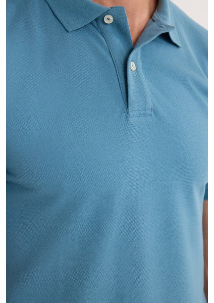 Erkek Slim Fit Dar Kesim Pamuklu Yumuşak Dokulu Serin Tutan Kumaş Düz Pike Mavi Polo Yaka Tişört modelleri