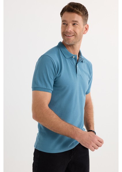 Erkek Slim Fit Dar Kesim Pamuklu Yumuşak Dokulu Serin Tutan Kumaş Düz Pike Mavi Polo Yaka Tişört fırsatları