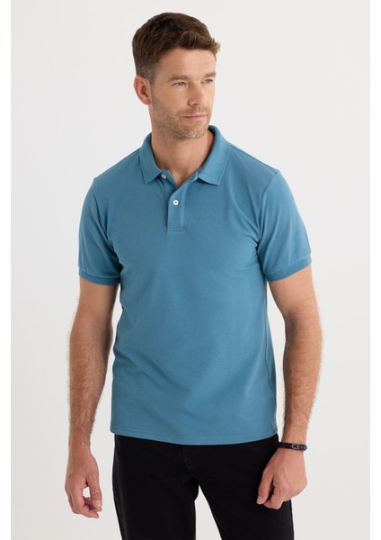 Erkek Slim Fit Dar Kesim Pamuklu Yumuşak Dokulu Serin Tutan Kumaş Düz Pike Mavi Polo Yaka Tişört indirimleri