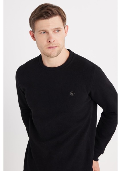 Erkek Slim Fit Dar Kesim Pamuklu Selanik Kumaş Bisiklet Yaka Siyah Sweatshirt fiyatları