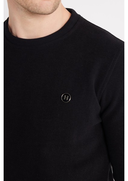 Erkek Slim Fit Dar Kesim Pamuklu Selanik Kumaş Bisiklet Yaka Siyah Sweatshirt modelleri