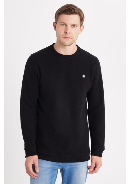 Erkek Slim Fit Dar Kesim Pamuklu Selanik Kumaş Bisiklet Yaka Siyah Sweatshirt fırsatları