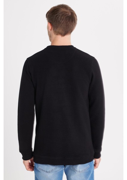 Erkek Slim Fit Dar Kesim Pamuklu Selanik Kumaş Bisiklet Yaka Siyah Sweatshirt indirimleri