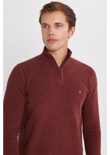 Erkek Slim Fit Dar Kesim Pamuklu Selanik Kumaş Yarım Fermuarlı Kiremit Dik Yaka Sweatshirt fiyatları