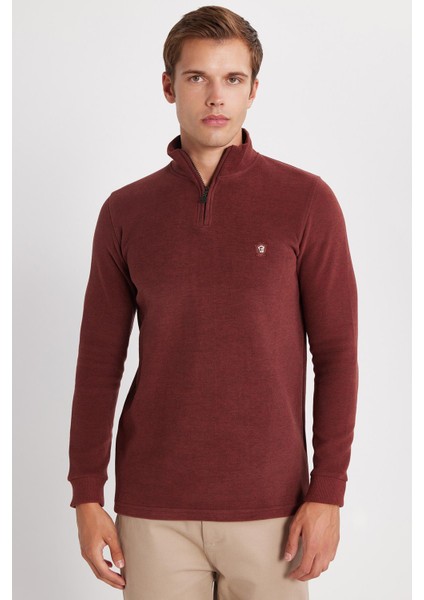 Erkek Slim Fit Dar Kesim Pamuklu Selanik Kumaş Yarım Fermuarlı Kiremit Dik Yaka Sweatshirt fırsatları