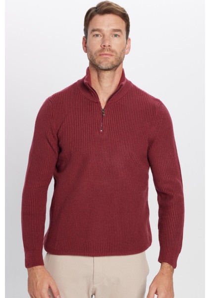 Erkek Slim Fit Dar Kesim Fermuarlı Bordo Dik Yaka Triko Kazak indirimleri
