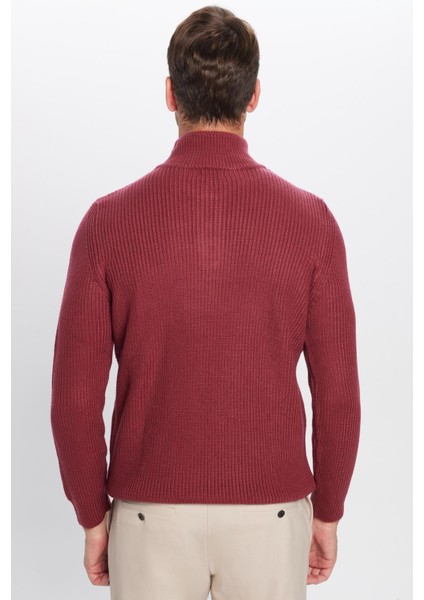 Erkek Slim Fit Dar Kesim Fermuarlı Bordo Dik Yaka Triko Kazak