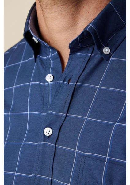 Erkek Regular Fit Klasik Kesim Düğmeli Yaka Küçük Kareli Pamuklu Lacivert Gömlek modelleri