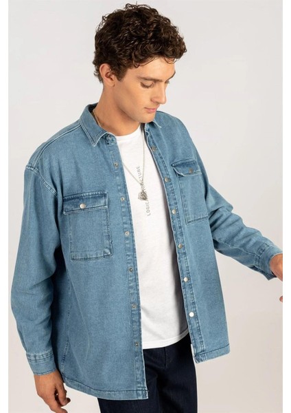 Unisex Oversize Geniş Kesim Denim Kot Çift Cepli Mavi Overshirt Ceket Tarzı Gömlek modelleri