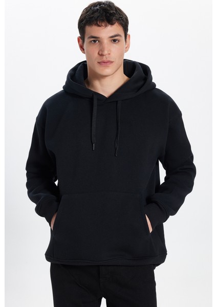 Unisex Oversize Geniş Kesim Pamuklu Yumuşak Dokulu Içi Polarlı Basic Siyah Kapüşonlu Sweatshirt fiyatları