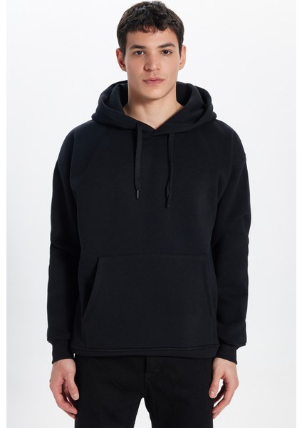 Unisex Oversize Geniş Kesim Pamuklu Yumuşak Dokulu Içi Polarlı Basic Siyah Kapüşonlu Sweatshirt indirimleri