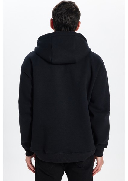Unisex Oversize Geniş Kesim Pamuklu Yumuşak Dokulu Içi Polarlı Basic Siyah Kapüşonlu Sweatshirt