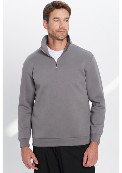 Unisex Relax Fit Rahat Kesim Pamuklu Içi Polarlı Yarım Fermuarlı Gri Dik Yaka Sweatshirt fiyatları