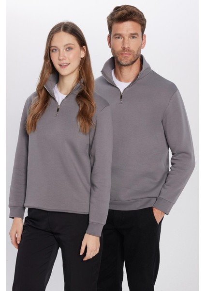 Unisex Relax Fit Rahat Kesim Pamuklu Içi Polarlı Yarım Fermuarlı Gri Dik Yaka Sweatshirt modelleri