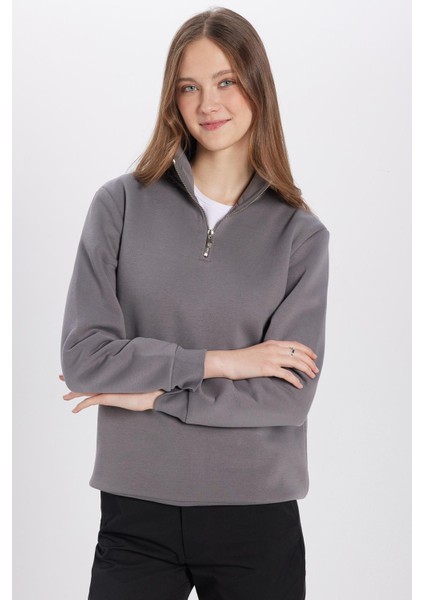 Unisex Relax Fit Rahat Kesim Pamuklu Içi Polarlı Yarım Fermuarlı Gri Dik Yaka Sweatshirt fırsatları