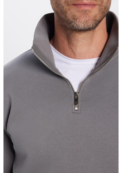 Unisex Relax Fit Rahat Kesim Pamuklu Içi Polarlı Yarım Fermuarlı Gri Dik Yaka Sweatshirt indirimleri