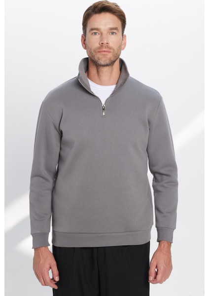 Unisex Relax Fit Rahat Kesim Pamuklu Içi Polarlı Yarım Fermuarlı Gri Dik Yaka Sweatshirt