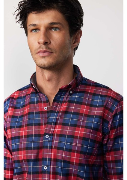 Erkek Regular Fit Klasik Kesim Düğmeli Yaka Küçük Kareli Pamuklu Bordo Gömlek fiyatları
