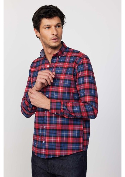 Erkek Regular Fit Klasik Kesim Düğmeli Yaka Küçük Kareli Pamuklu Bordo Gömlek modelleri