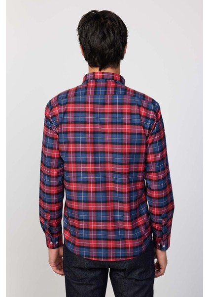 Erkek Regular Fit Klasik Kesim Düğmeli Yaka Küçük Kareli Pamuklu Bordo Gömlek indirimleri