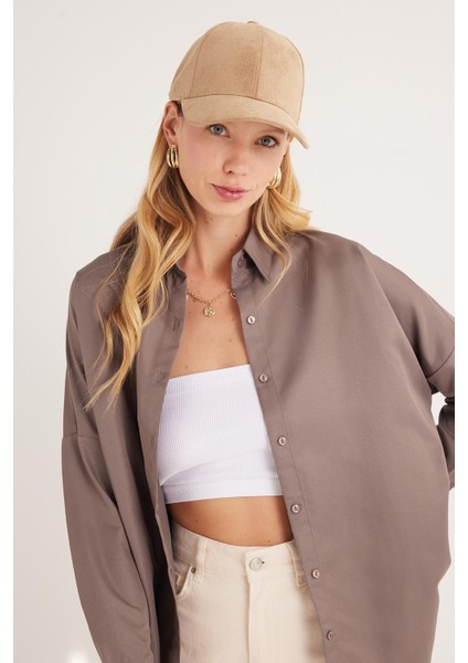 Kadın Oversize Rahat Kesim Spor Yaka Uzun Kollu Basic Düz Vizon Gömlek fiyatları