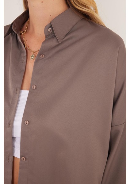 Kadın Oversize Rahat Kesim Spor Yaka Uzun Kollu Basic Düz Vizon Gömlek modelleri