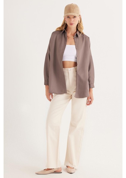 Kadın Oversize Rahat Kesim Spor Yaka Uzun Kollu Basic Düz Vizon Gömlek indirimleri