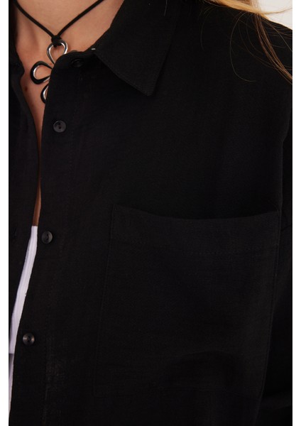 Kadın Oversize Geniş Kesim %100 Pamuk Müslin Kumaş Uzun Kollu Cepli Dokulu Siyah Gömlek modelleri