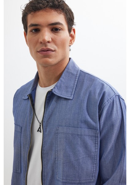 Relax Fit Uzun Kollu Denim Kot Parça Boyalı Çift Cep Fermuarlı Mavi Gömlek fiyatları