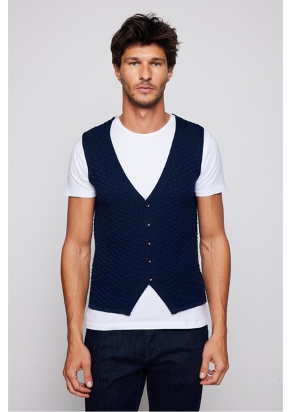 Slim Fit Desenli Lacivert Erkek Yelek modelleri