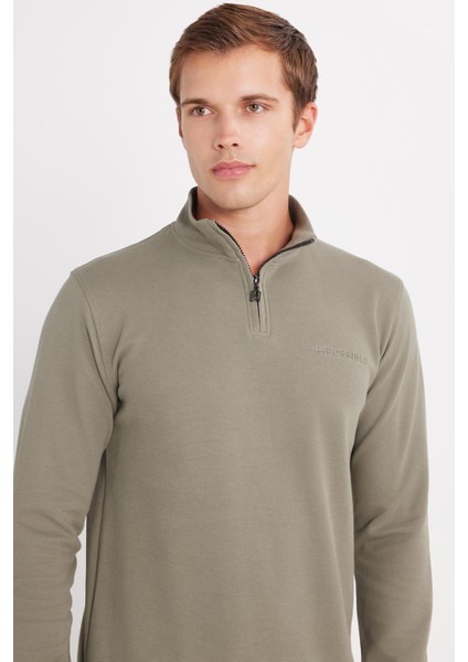 Erkek Slim Fit Dar Kesim Pamuklu Yarım Fermuarlı Dik Yaka Haki Sweatshirt fiyatları