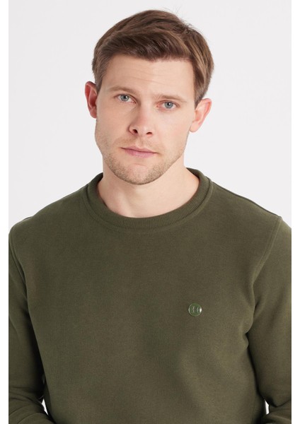 Erkek Slim Fit Dar Kesim Pamuklu Selanik Kumaş Bisiklet Yaka Haki Sweatshirt fiyatları