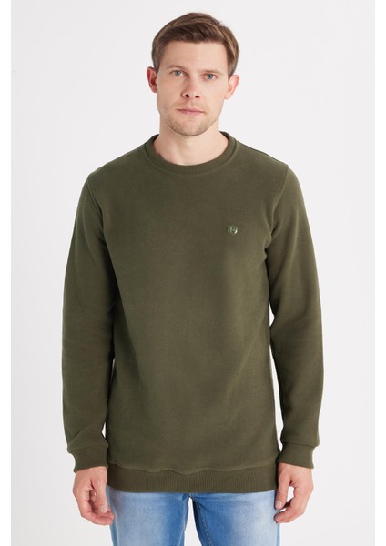 Erkek Slim Fit Dar Kesim Pamuklu Selanik Kumaş Bisiklet Yaka Haki Sweatshirt fırsatları