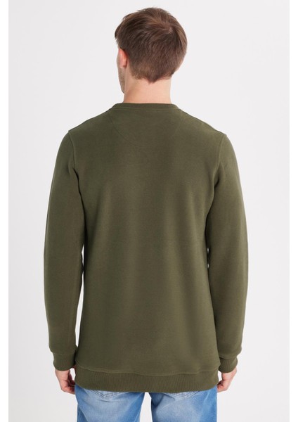 Erkek Slim Fit Dar Kesim Pamuklu Selanik Kumaş Bisiklet Yaka Haki Sweatshirt indirimleri