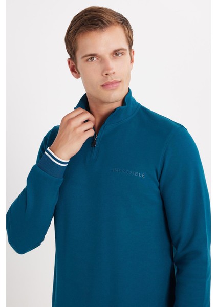 Erkek Slim Fit Dar Kesim Pamuklu Yarım Fermuarlı Dik Yaka Petrol Sweatshirt fiyatları