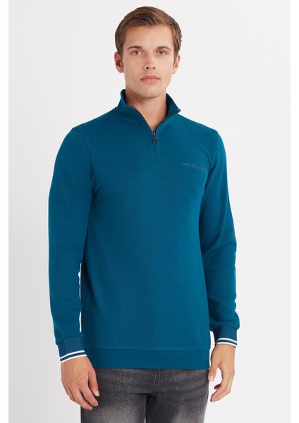 Erkek Slim Fit Dar Kesim Pamuklu Yarım Fermuarlı Dik Yaka Petrol Sweatshirt fırsatları