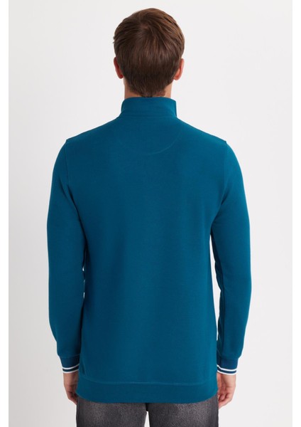 Erkek Slim Fit Dar Kesim Pamuklu Yarım Fermuarlı Dik Yaka Petrol Sweatshirt indirimleri