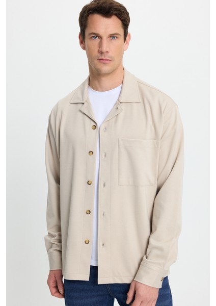 Erkek Relax Fit Rahat Kesim Uzun Kollu Düz Örme Kumaş Yandan Yırtmaçlı Bej Gömlek fiyatları