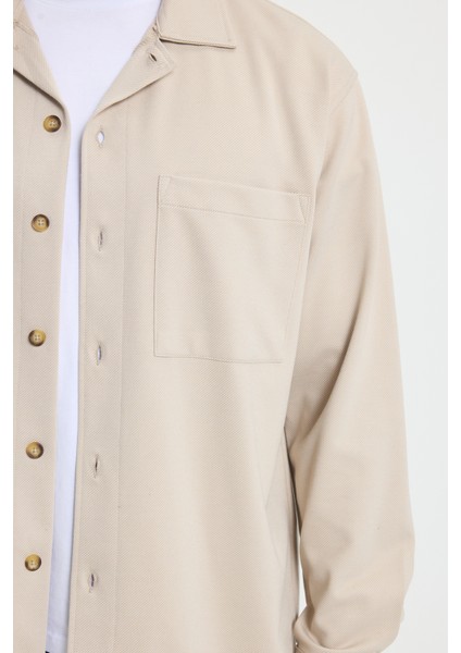 Erkek Relax Fit Rahat Kesim Uzun Kollu Düz Örme Kumaş Yandan Yırtmaçlı Bej Gömlek modelleri