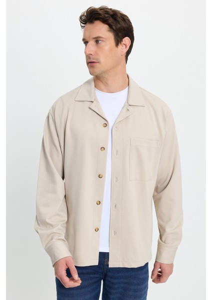 Erkek Relax Fit Rahat Kesim Uzun Kollu Düz Örme Kumaş Yandan Yırtmaçlı Bej Gömlek indirimleri