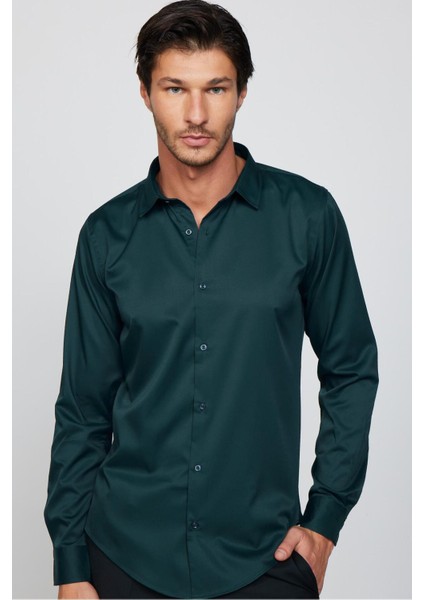Slim Fit Uzun Kollu Likralı Düz Stretch Yeşil Erkek Gömlek