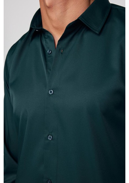 Slim Fit Uzun Kollu Likralı Düz Stretch Yeşil Erkek Gömlek modelleri