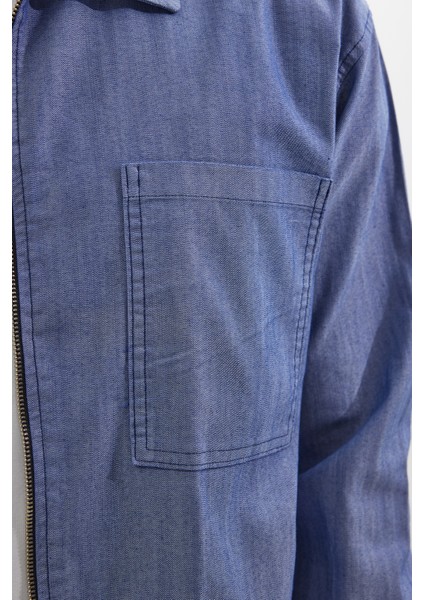 Relax Fit Uzun Kollu Denim Kot Parça Boyalı Çift Cep Fermuarlı Mavi Gömlek modelleri