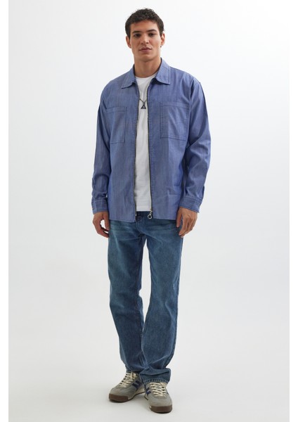 Relax Fit Uzun Kollu Denim Kot Parça Boyalı Çift Cep Fermuarlı Mavi Gömlek fırsatları