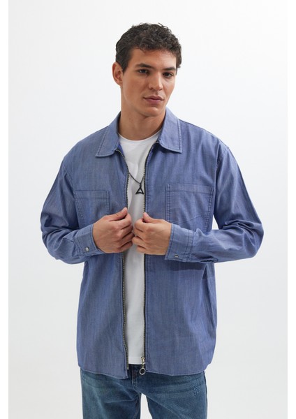 Relax Fit Uzun Kollu Denim Kot Parça Boyalı Çift Cep Fermuarlı Mavi Gömlek indirimleri