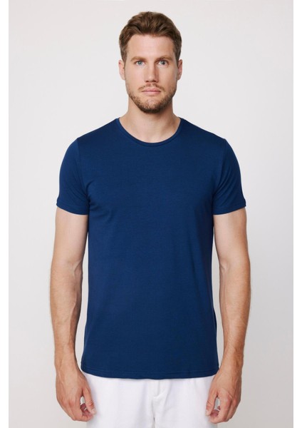 Slim Fit Bisiklet Yaka Düz Basıc Kısa Kol Lacivert T-Shirt modelleri