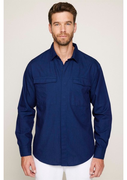 Relax Fit Uzun Kollu Rahat Kesim Çift Cep Denim Kot Lacivert Gömlek fiyatları