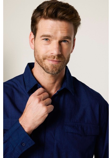 Relax Fit Uzun Kollu Rahat Kesim Çift Cep Denim Kot Lacivert Gömlek modelleri